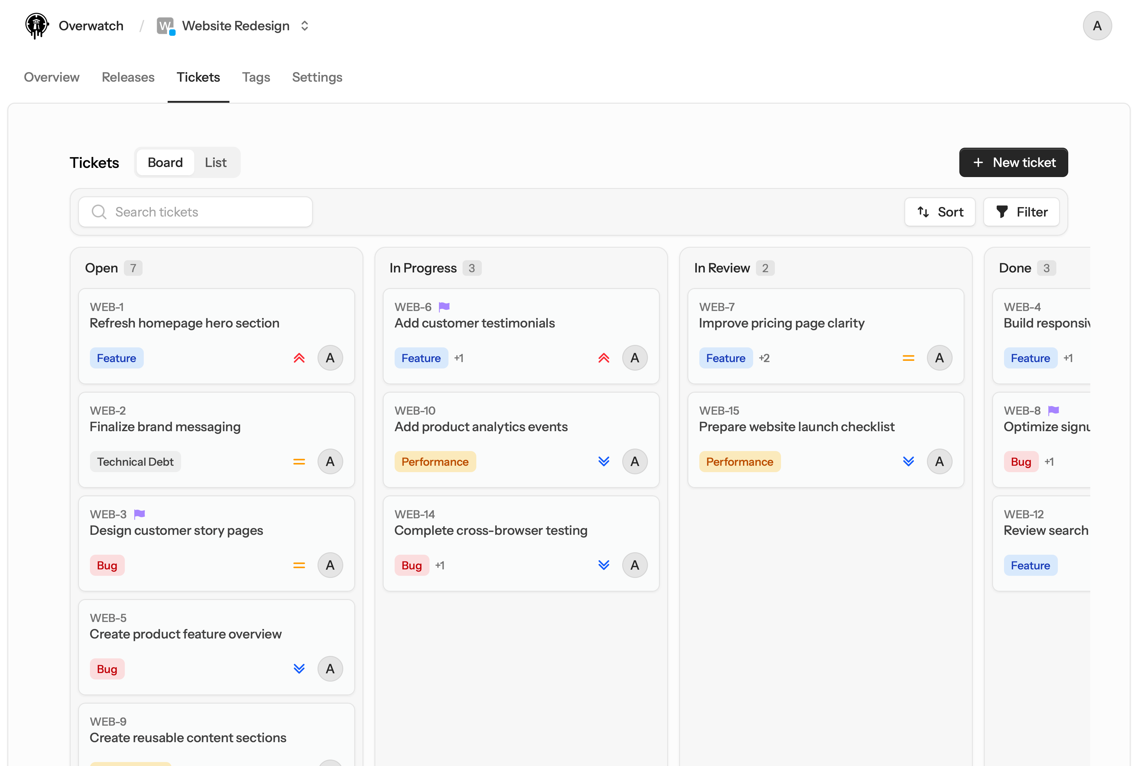 Overwatch ticket board with search, sorting, filters, and drag-and-drop workflow columns