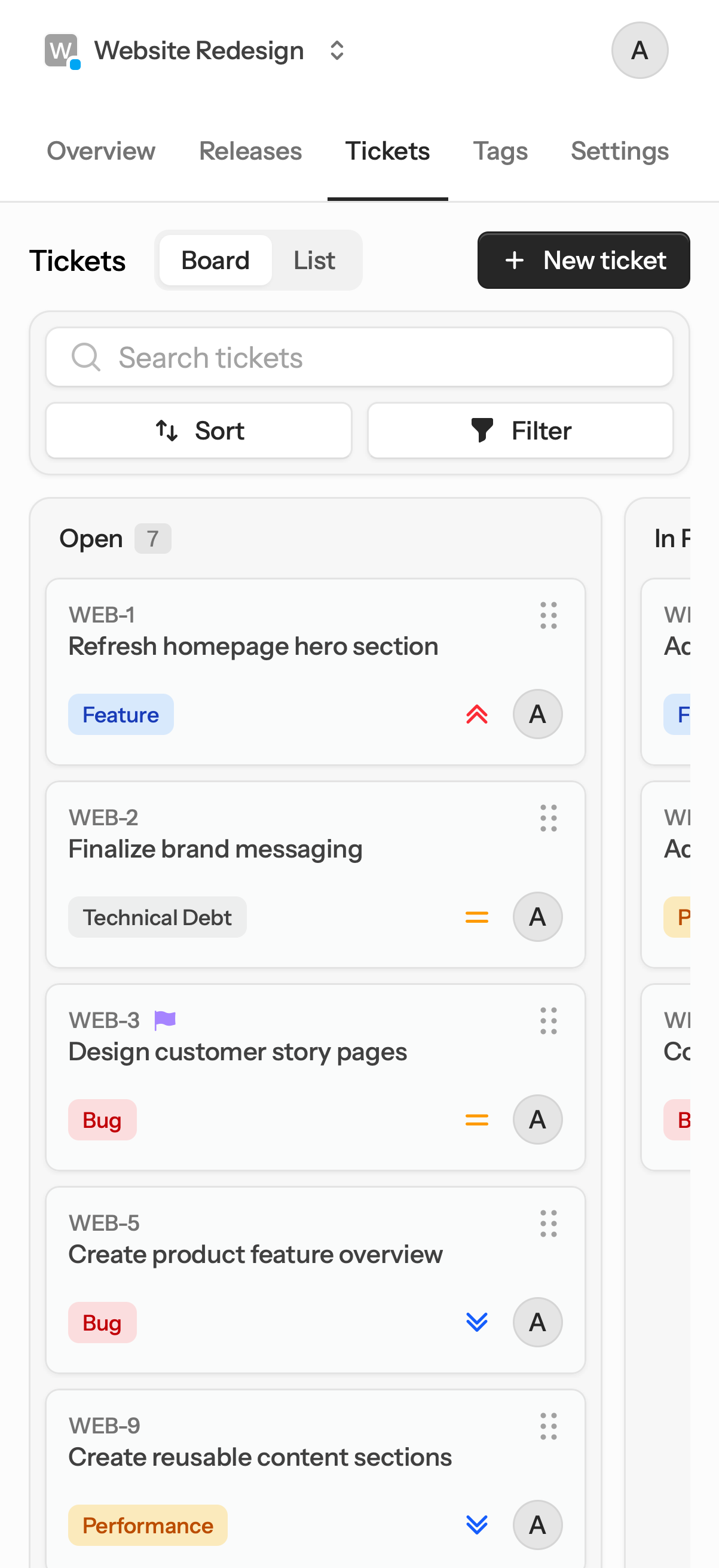 Overwatch mobile ticket board with search, sorting, filters, and drag handles